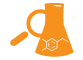 Icon of a magnifying glass over beaker containing a few molecules